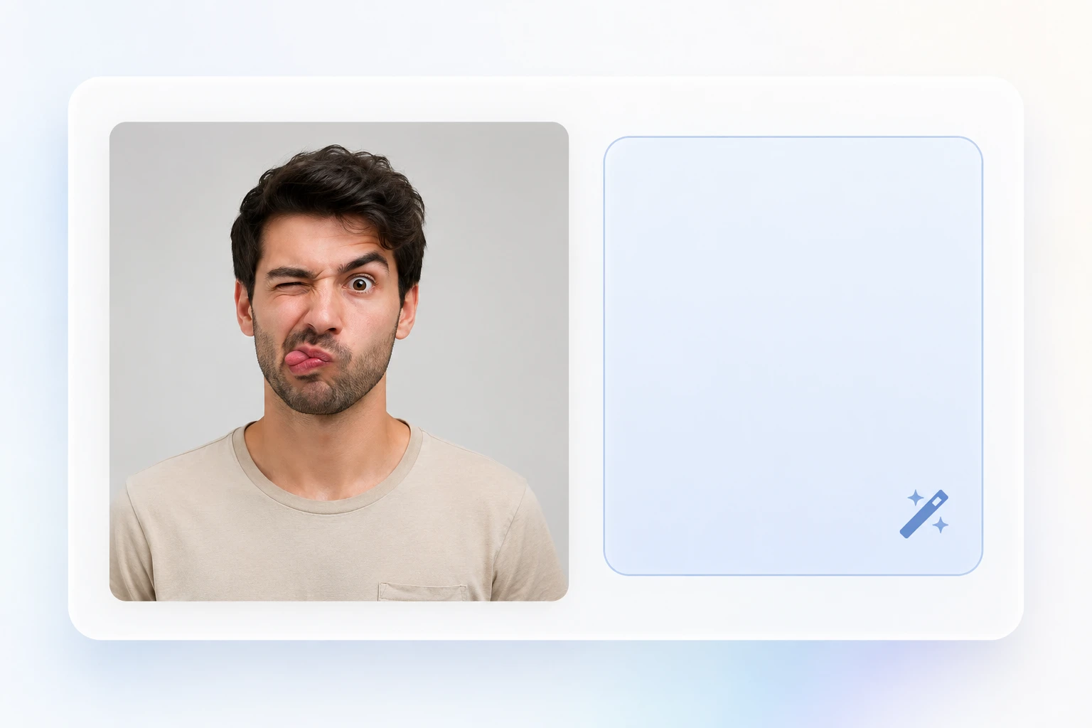Upload panel holding a clear portrait photo beside a prompt box describing a funny expression