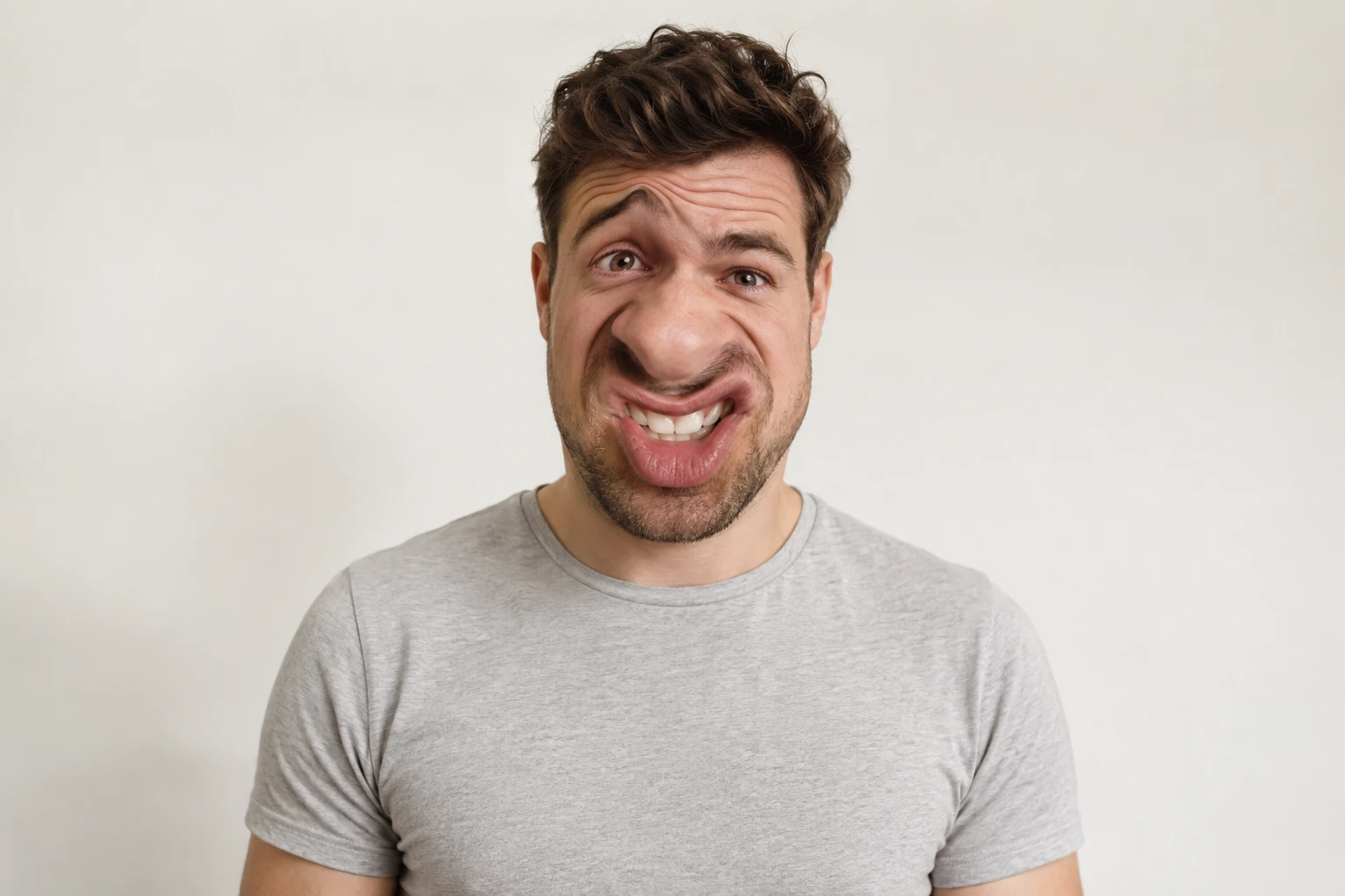 Intensity slider set between a mild warp preview and a heavily exaggerated comedic face