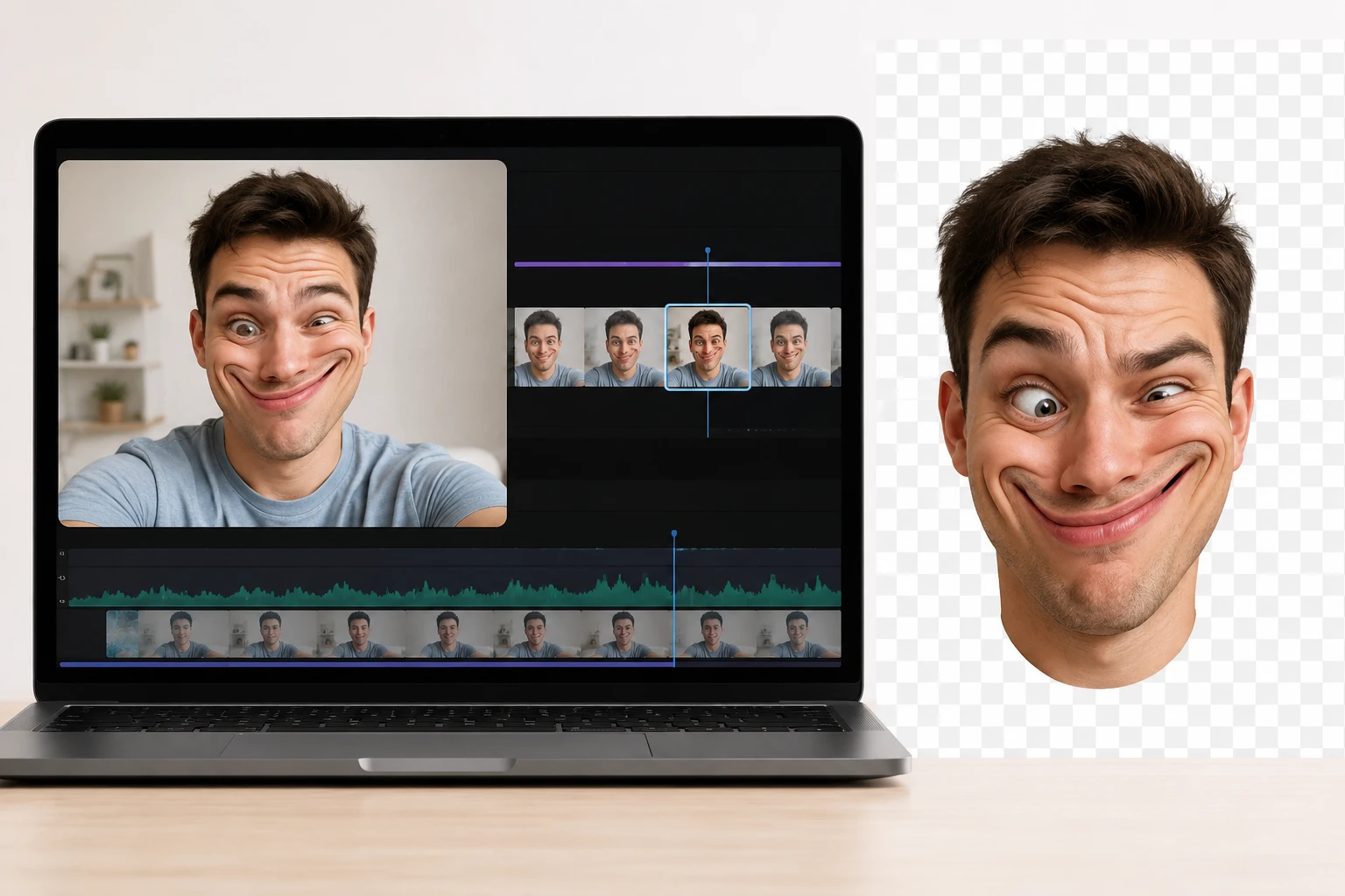 Finished warped face cutout on a checkered transparency grid beside a video editing timeline