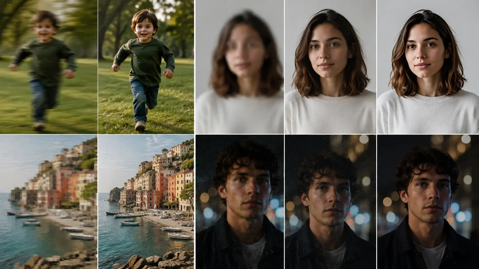 Samples of motion blur, out of focus, and compression blur being corrected in a grid