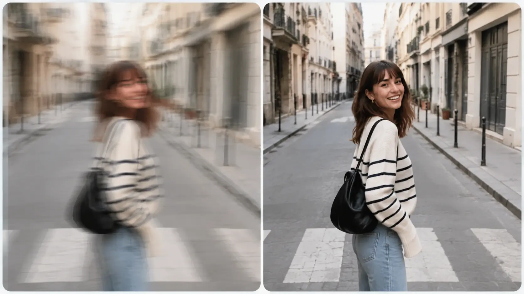 Blurry handheld street photo on the left beside its sharp, clear version after deblurring