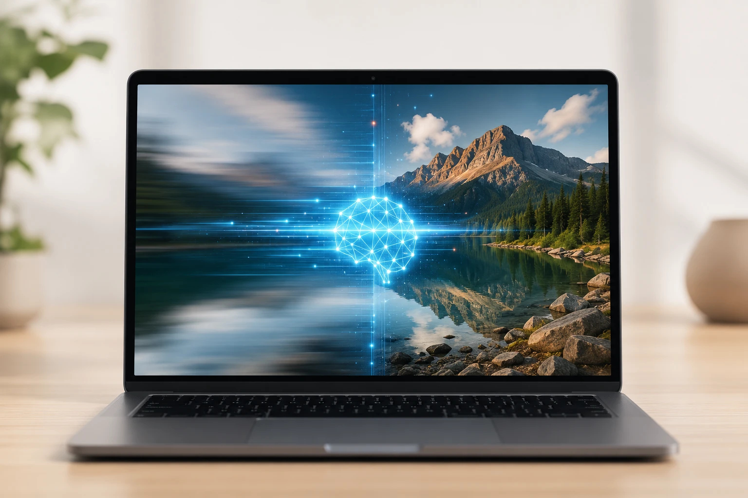 Progress view of AI analyzing the blur type and rebuilding sharp detail in a photo
