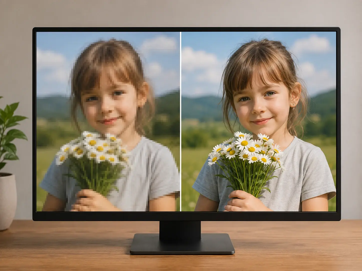 Small low resolution photo enlarged into a sharp 4K image on a monitor