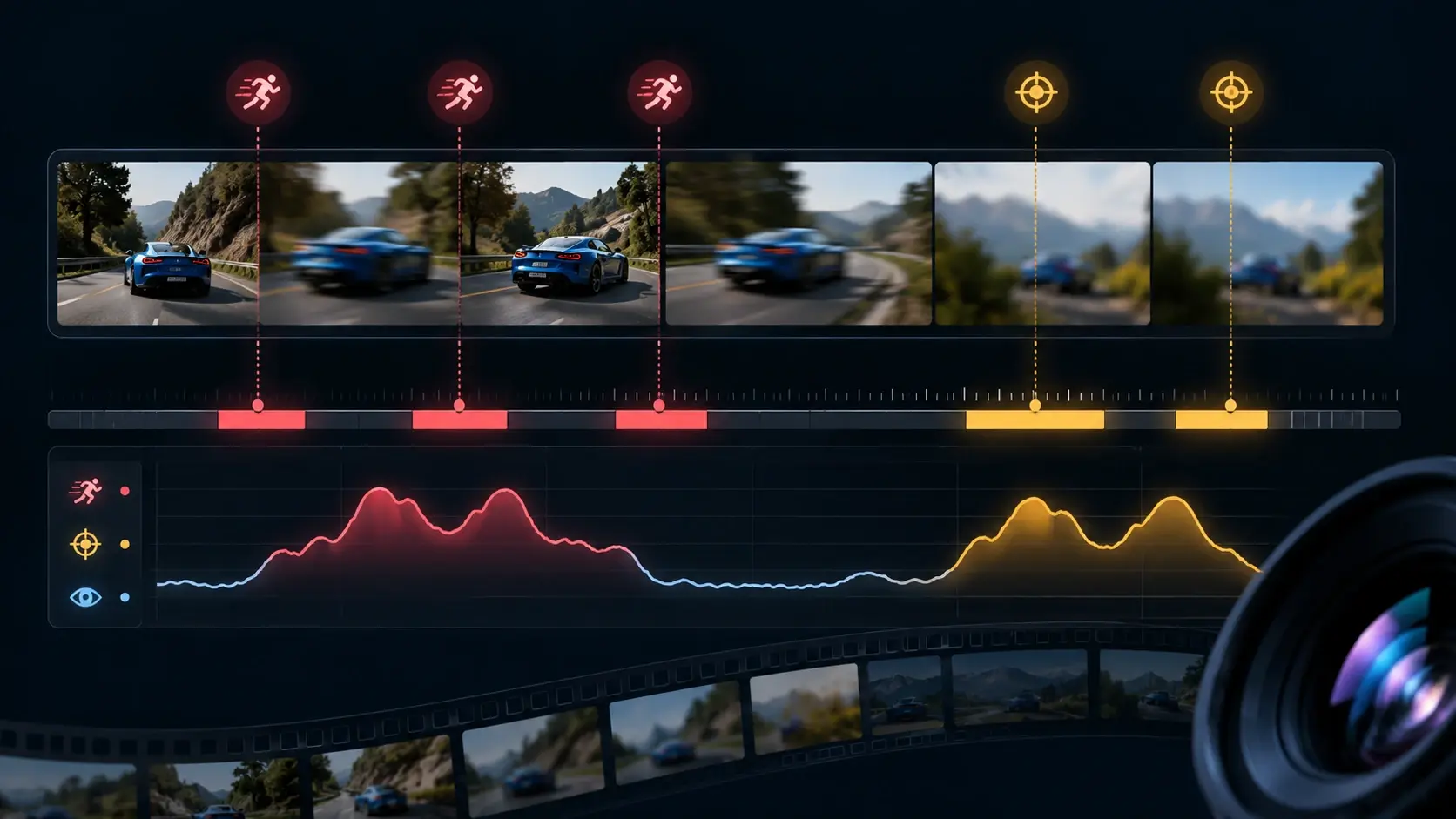 Timeline marking per frame blur detection across motion and soft focus areas in a clip