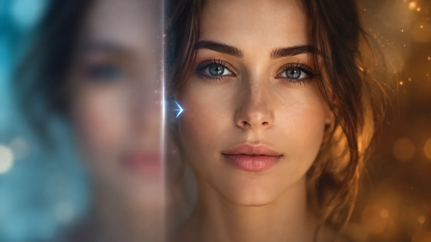 Closeup of a face regaining sharp edges after detail rebuild on a soft focus frame