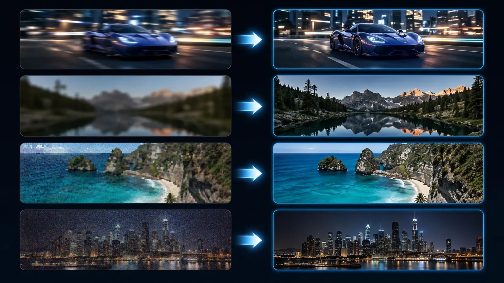 Thumbnails showing motion blur, out of focus, compression, and low light noise being cleaned