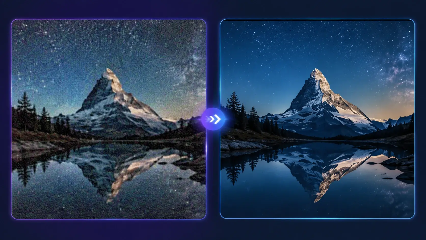 Side by side of a noisy low resolution clip and a clean 4K upscaled frame after denoise