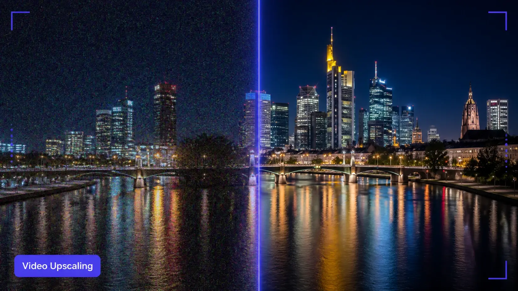 Nachtaufnahme einer Stadt halb körnig, halb ruhig zeigt Video Upscaling mit weniger Rauschen