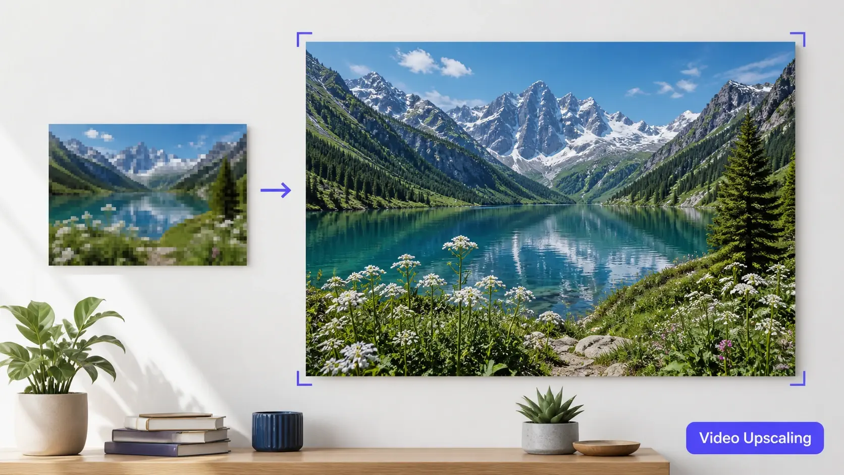 Kleines Filmbild neben großem klarem 4K Bild zeigt Video Upscaling mit Detailrekonstruktion