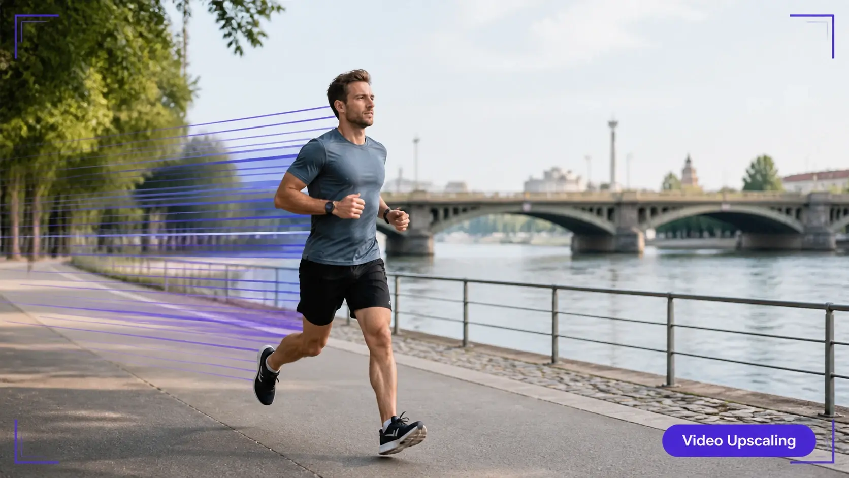 Laufszene am Fluss mit ruhiger Bildfolge zeigt Video Upscaling mit stabilisierter Bewegung