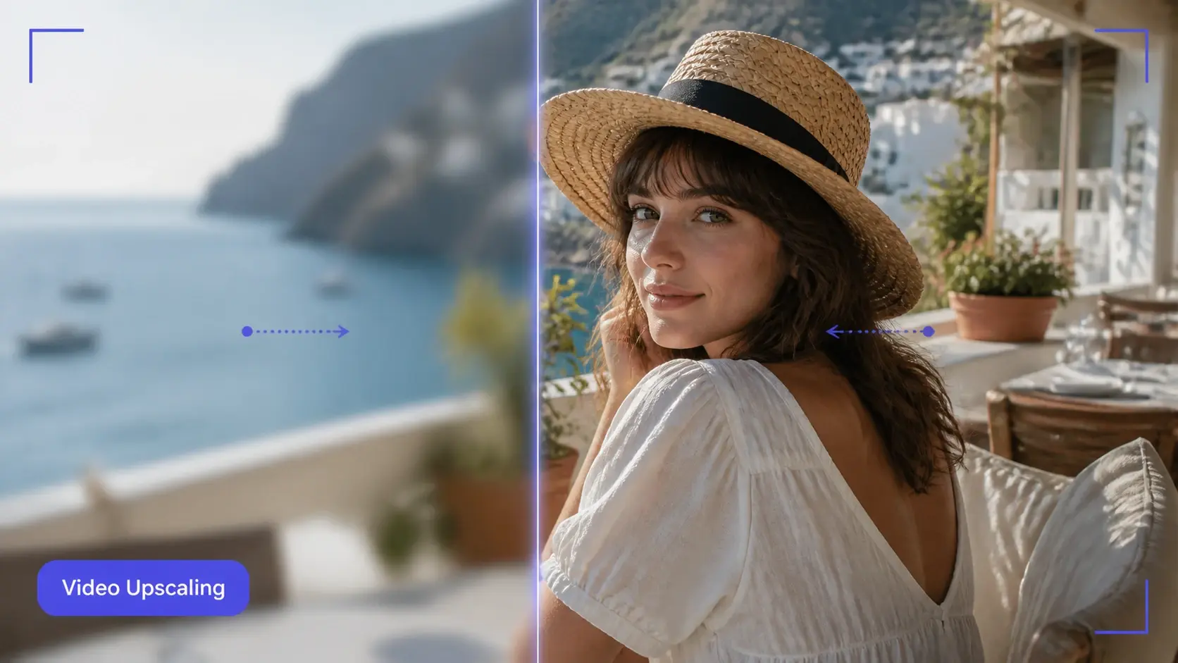 Halb weiches, halb klares Filmbild zeigt Video Upscaling von unscharfem Clip zu klarem Output