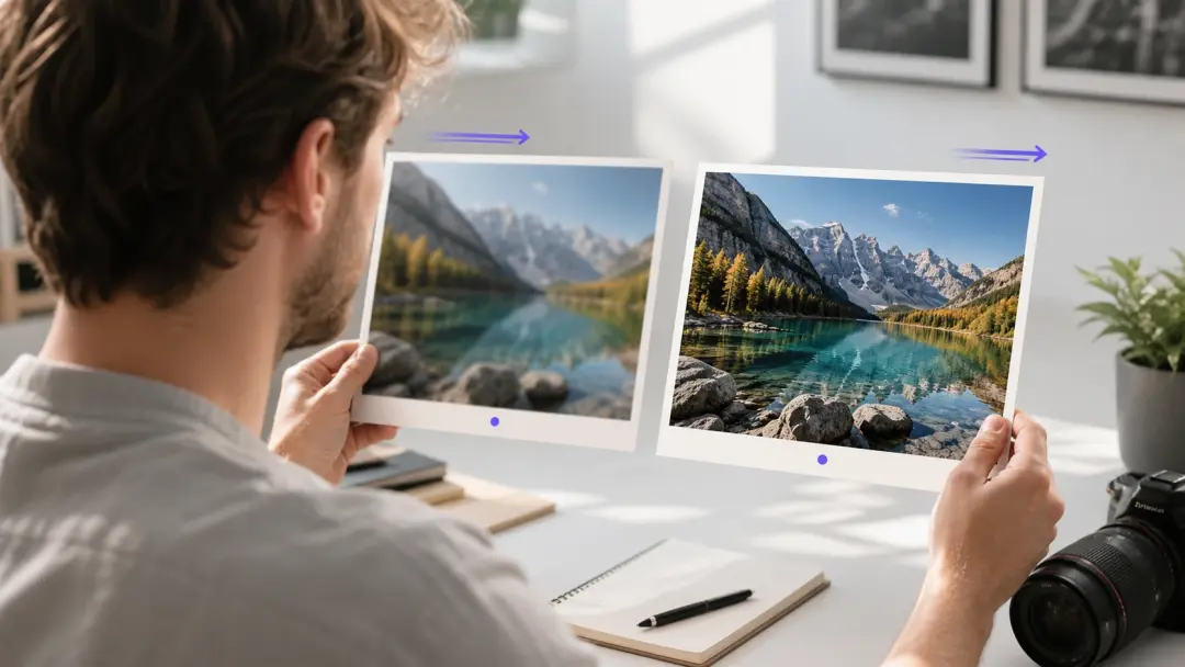 Freelance Editor vergleicht Kundenszenen für Video Upscaling am hellen Schnittplatz