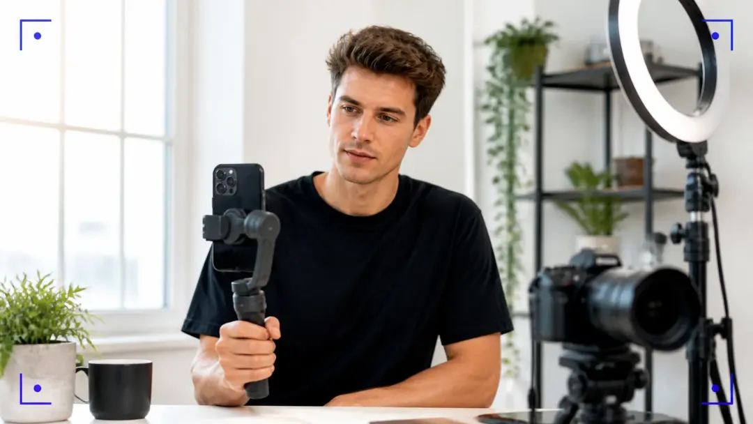 Shortform Creator prüft Handy Clip für Video Upscaling in heller Studio Ecke