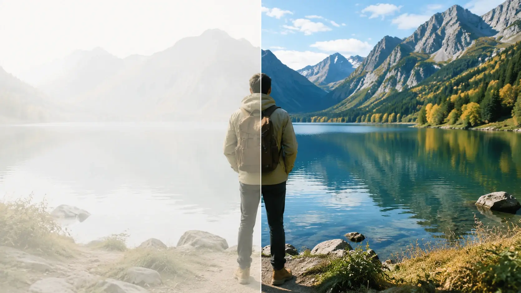 Outdoor scene split showing faded vs restored color exposure