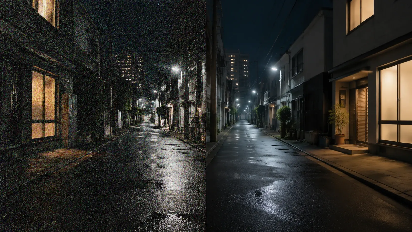 Night scene split showing grainy vs clean denoised frame