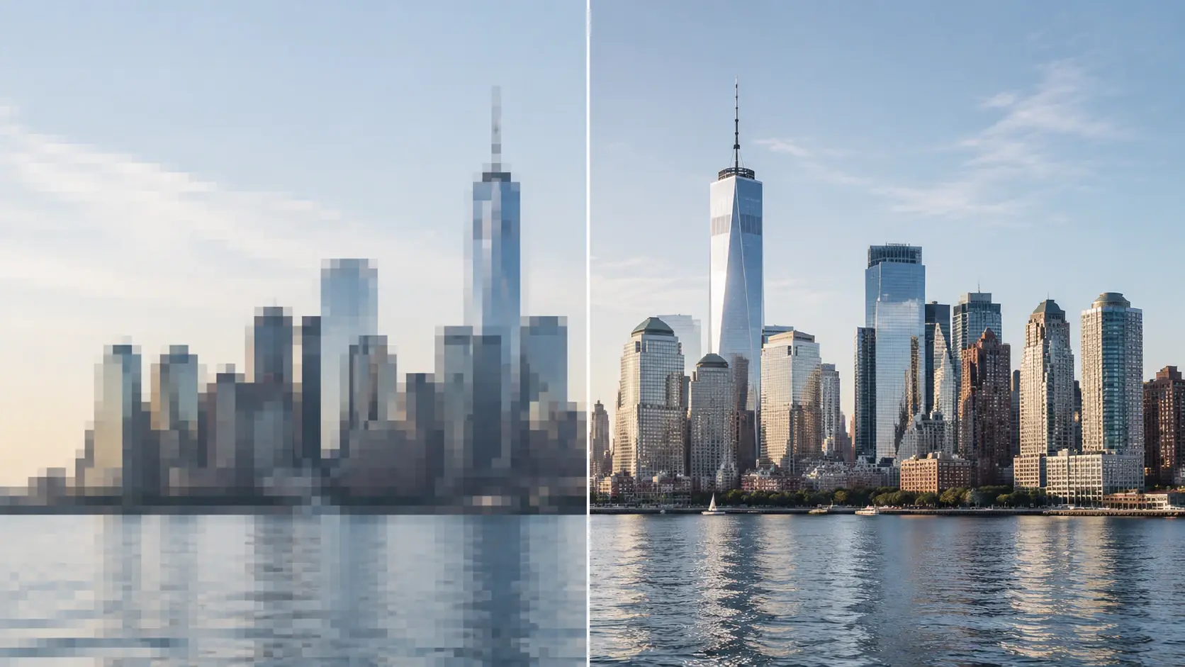 City skyline split showing blurry vs sharp 4K upscaled frame