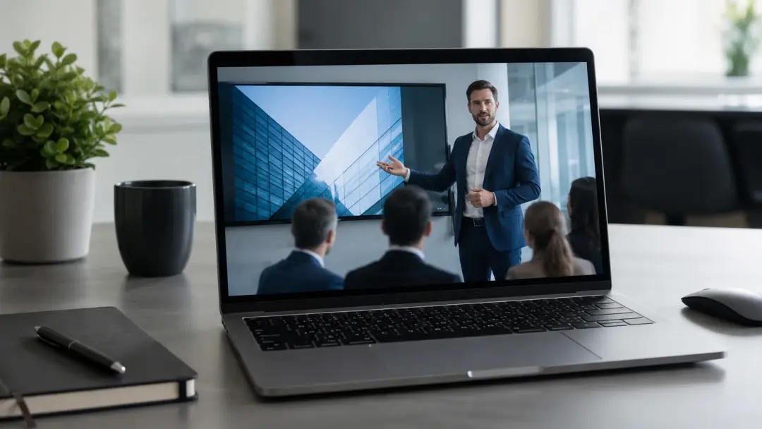 Sharp corporate video presentation on laptop