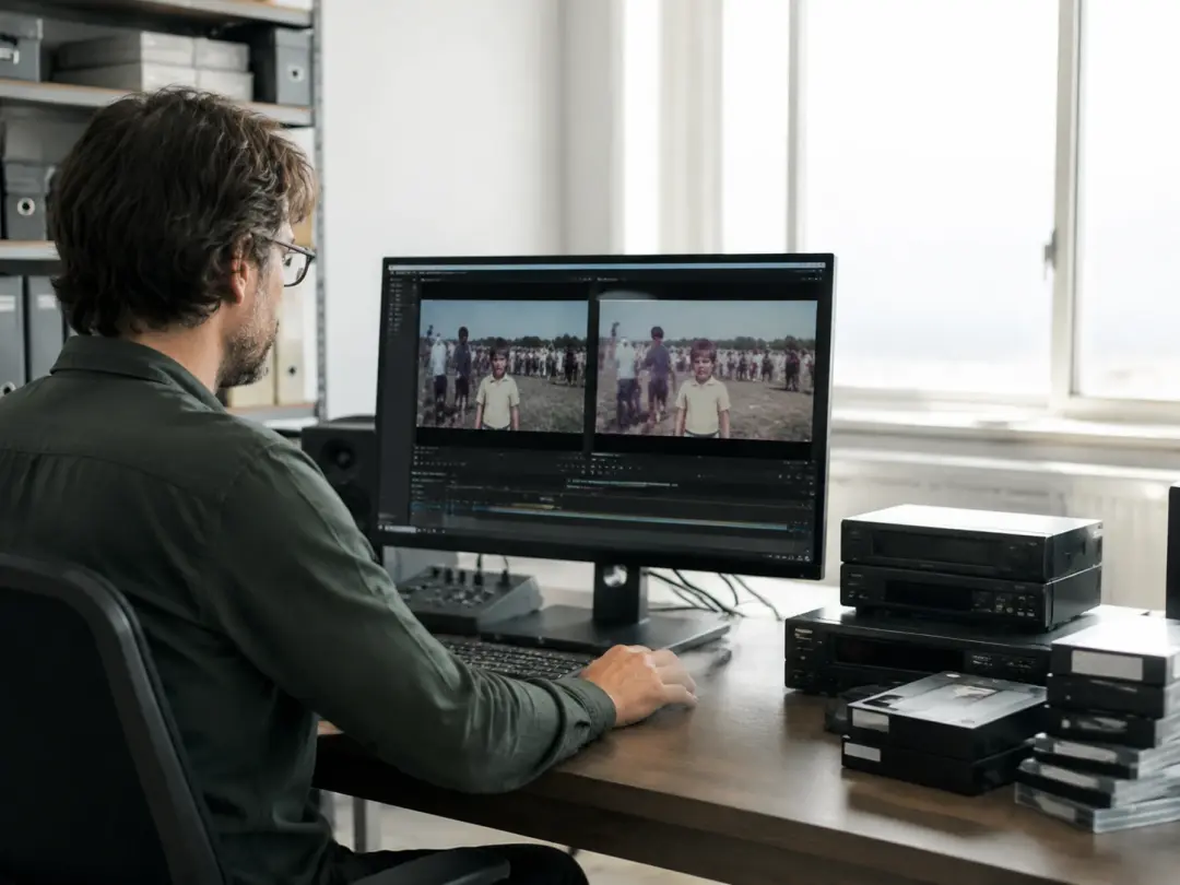 Archival editor enhancing old footage at workstation