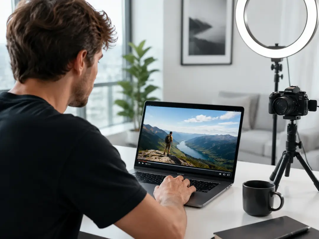 Content creator reviewing upscaled video on laptop