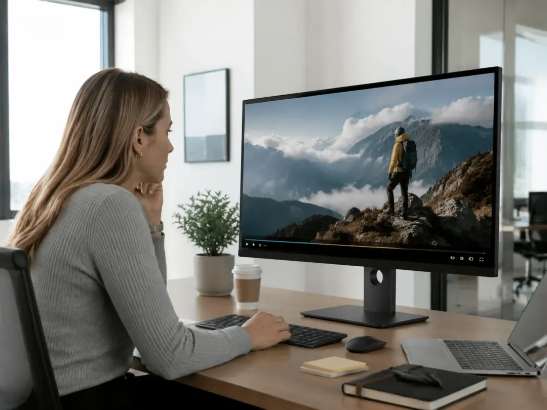 Marketing lead reviewing upscaled promo video on 4K monitor
