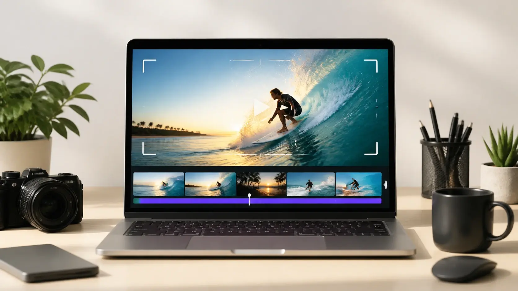 Wide calm workspace surface with soft light for building a video timeline