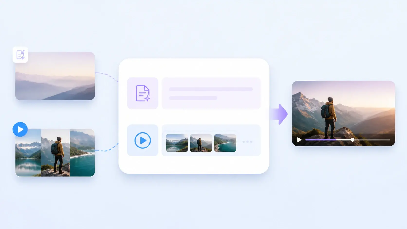 Prompt box beside uploaded photos and clips as two starting points in VideoAI