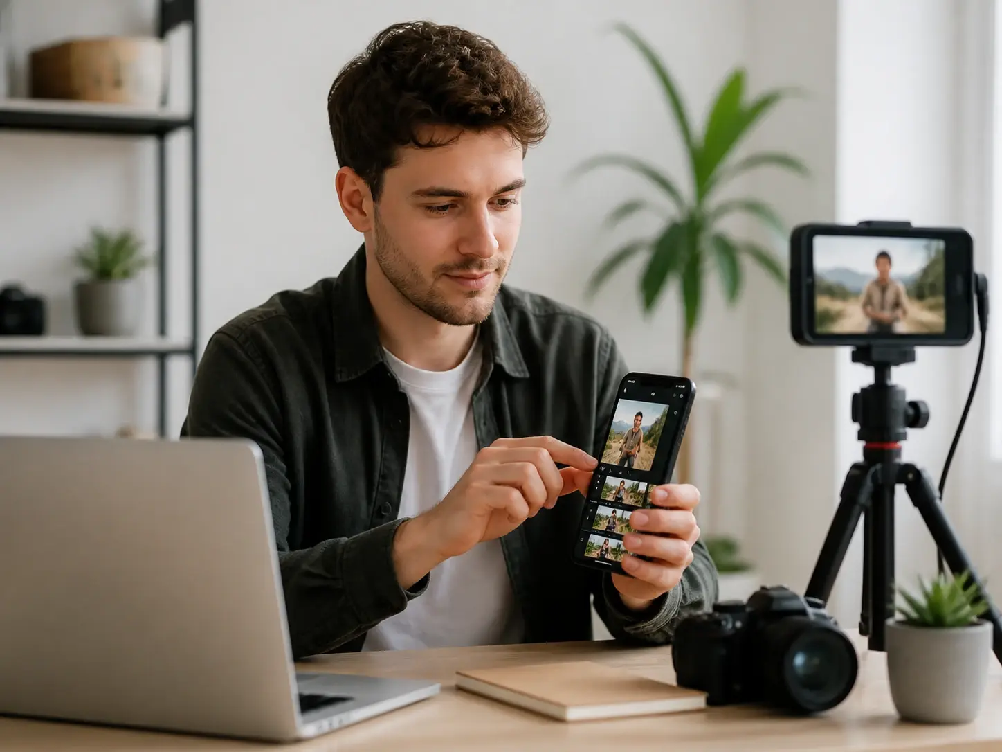 Short video creator reviewing several vertical cuts ready to post from VideoAI