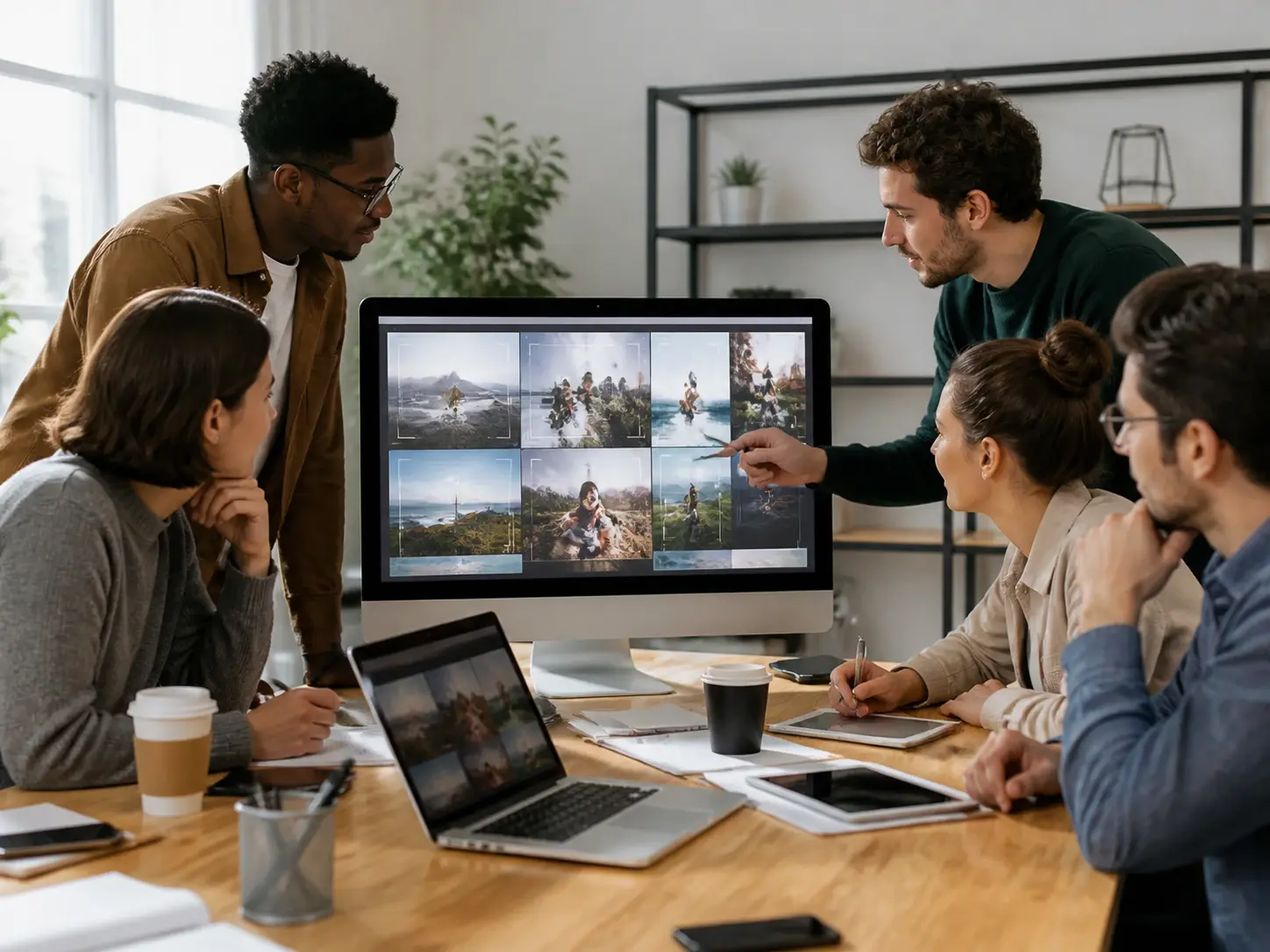 Marketing team leveling mixed campaign footage with an hd video enhancer to one standard