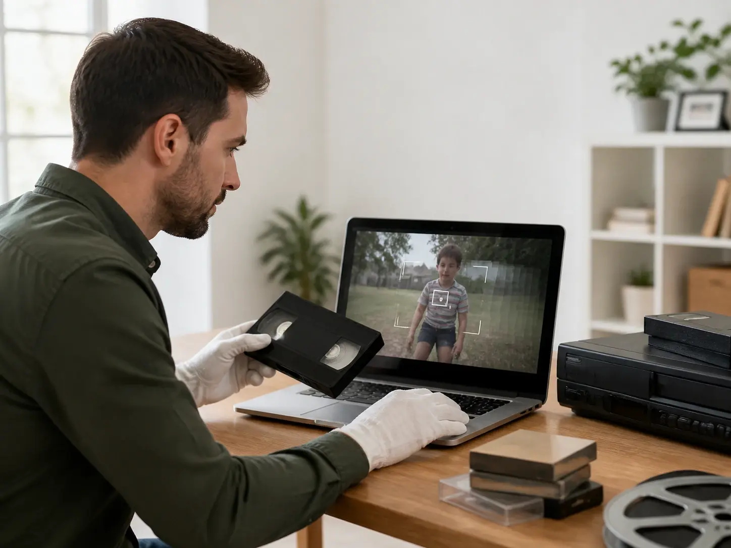 Family archive keeper restoring old home recordings with a video clarity enhancer