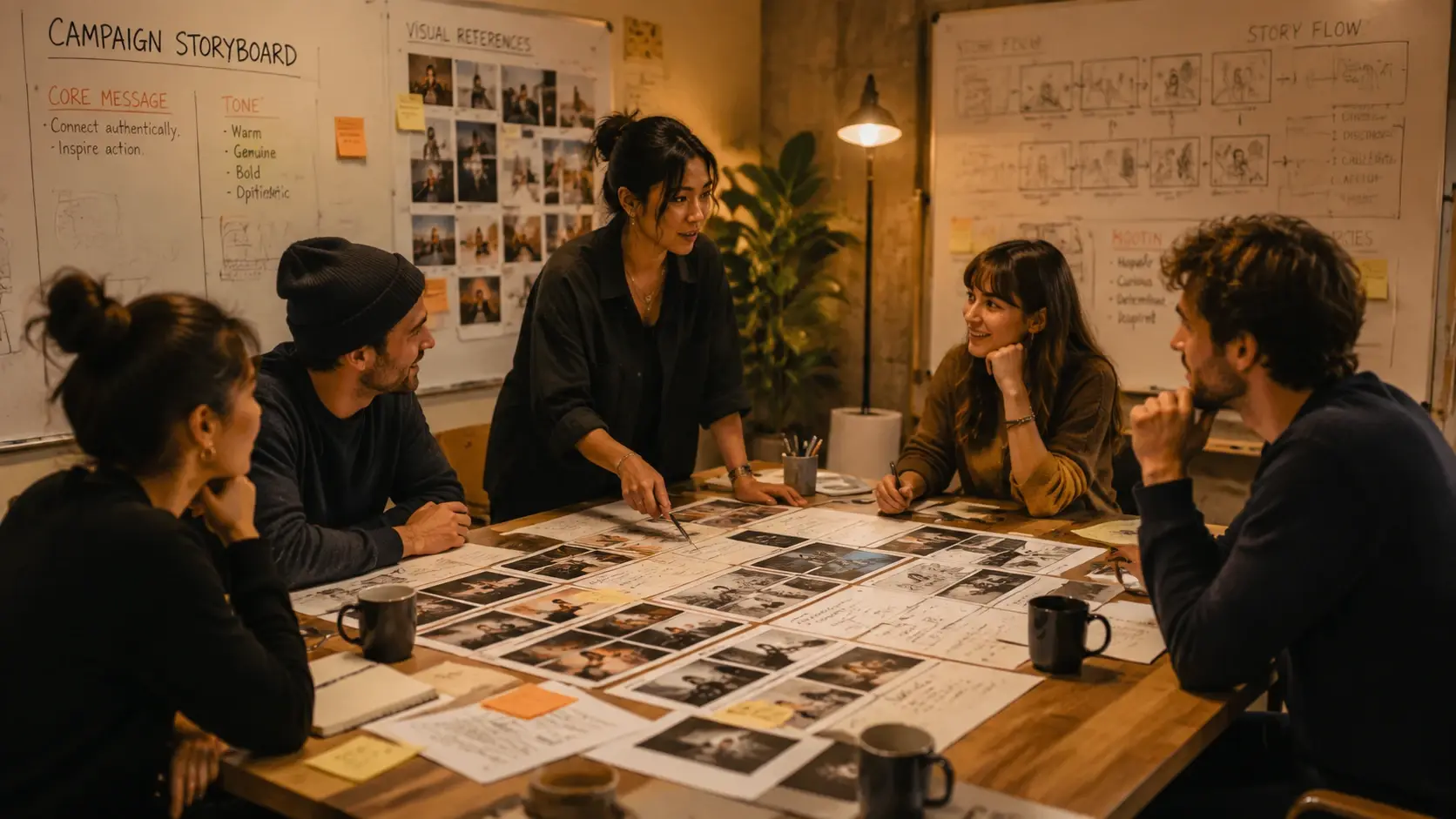 Brand content team reviewing storyboard panels in a collaborative review session