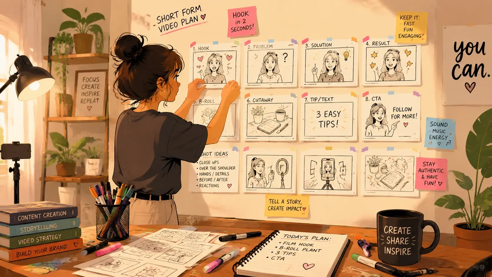 Short form creator reviewing storyboard frames for a social media reel