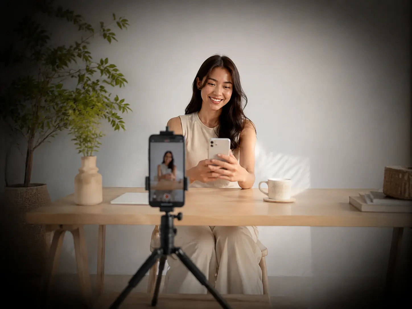 Social creator previewing a vignette effect with dimmed edges on a phone portrait