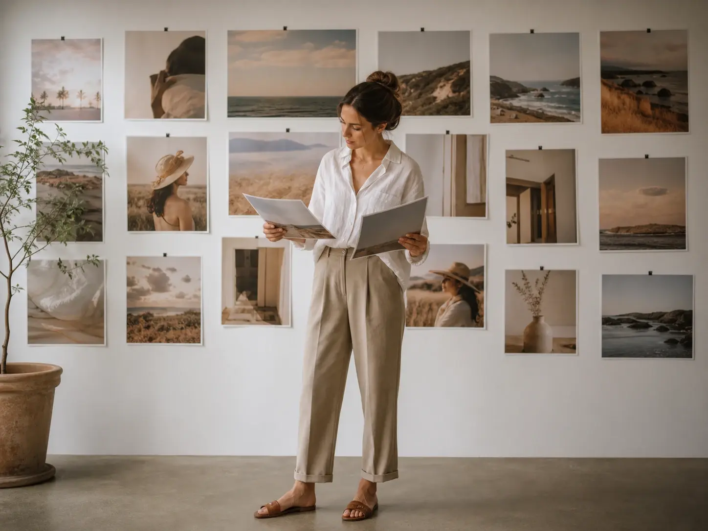 Brand storyteller reviewing vignette styled campaign images with a matching mood