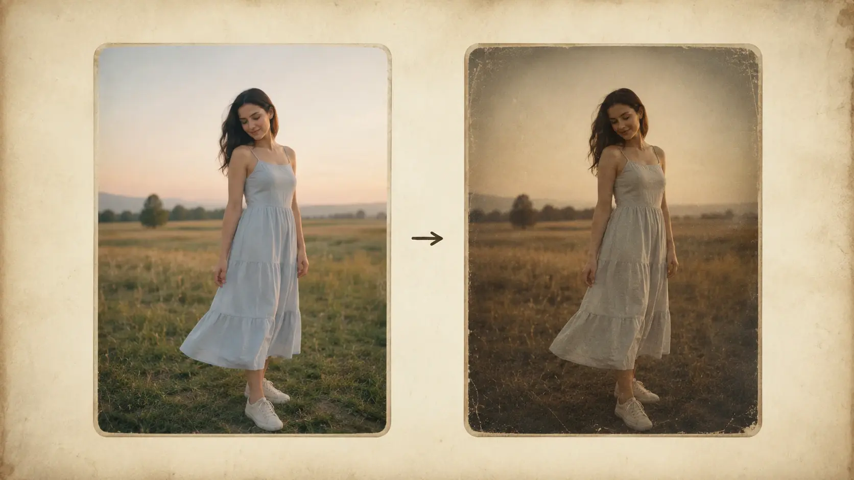 Give Your Photos a Vintage Filter result preview inspired by Upload a shot, choose your era, and watch VideoAI redraw it with a vintage filter into real film imagery.