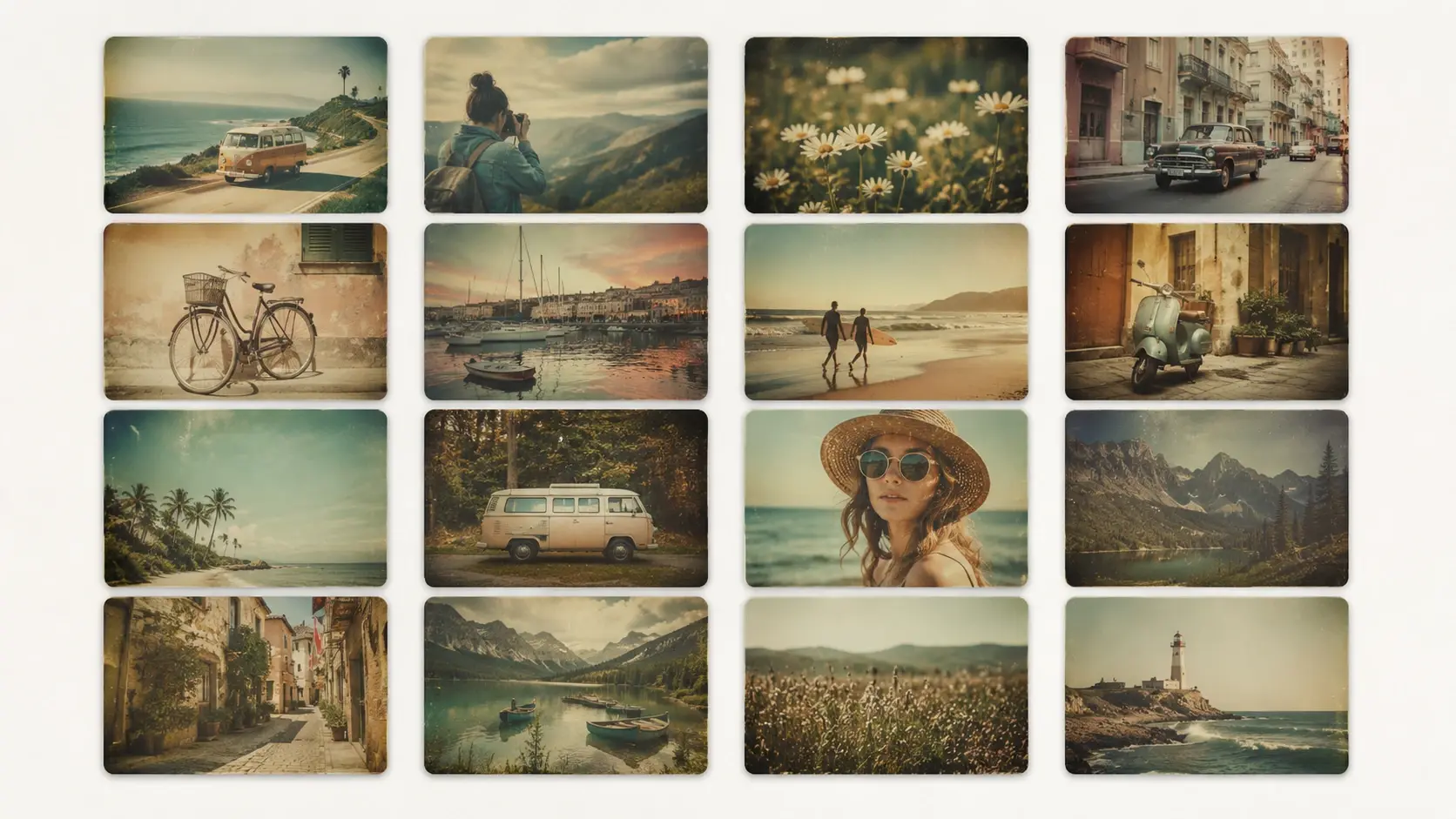 A workspace grid of batch generated vintage styled images ready to reuse in a video project