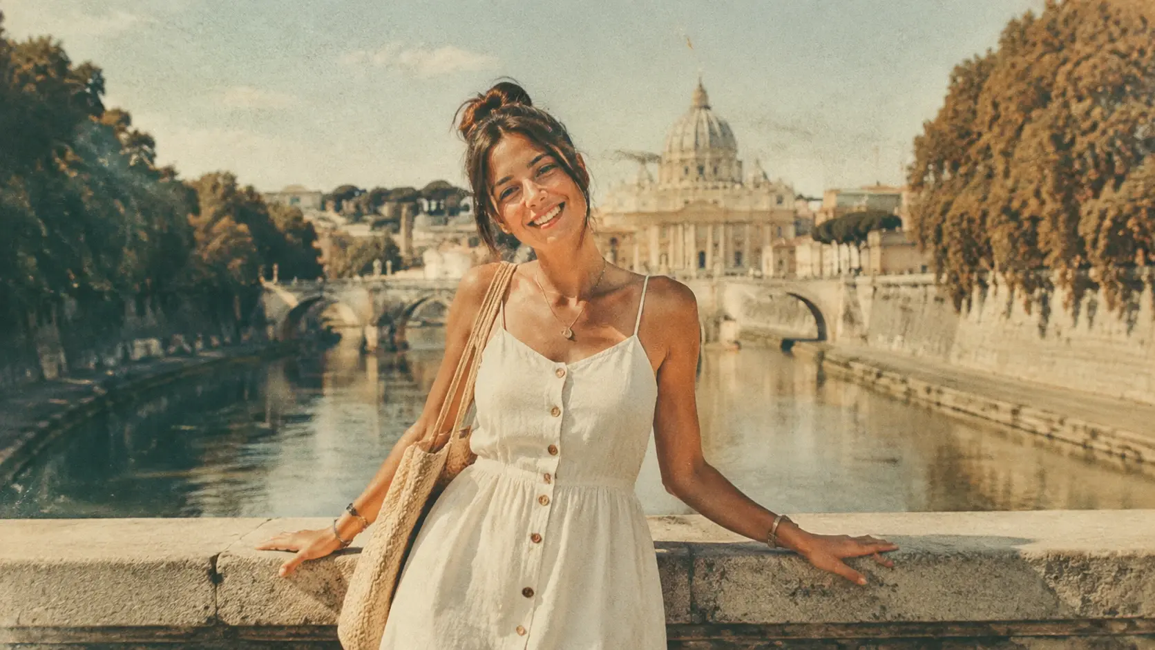 A modern travel photo regenerated into grainy faded film imagery with a warm vintage tone