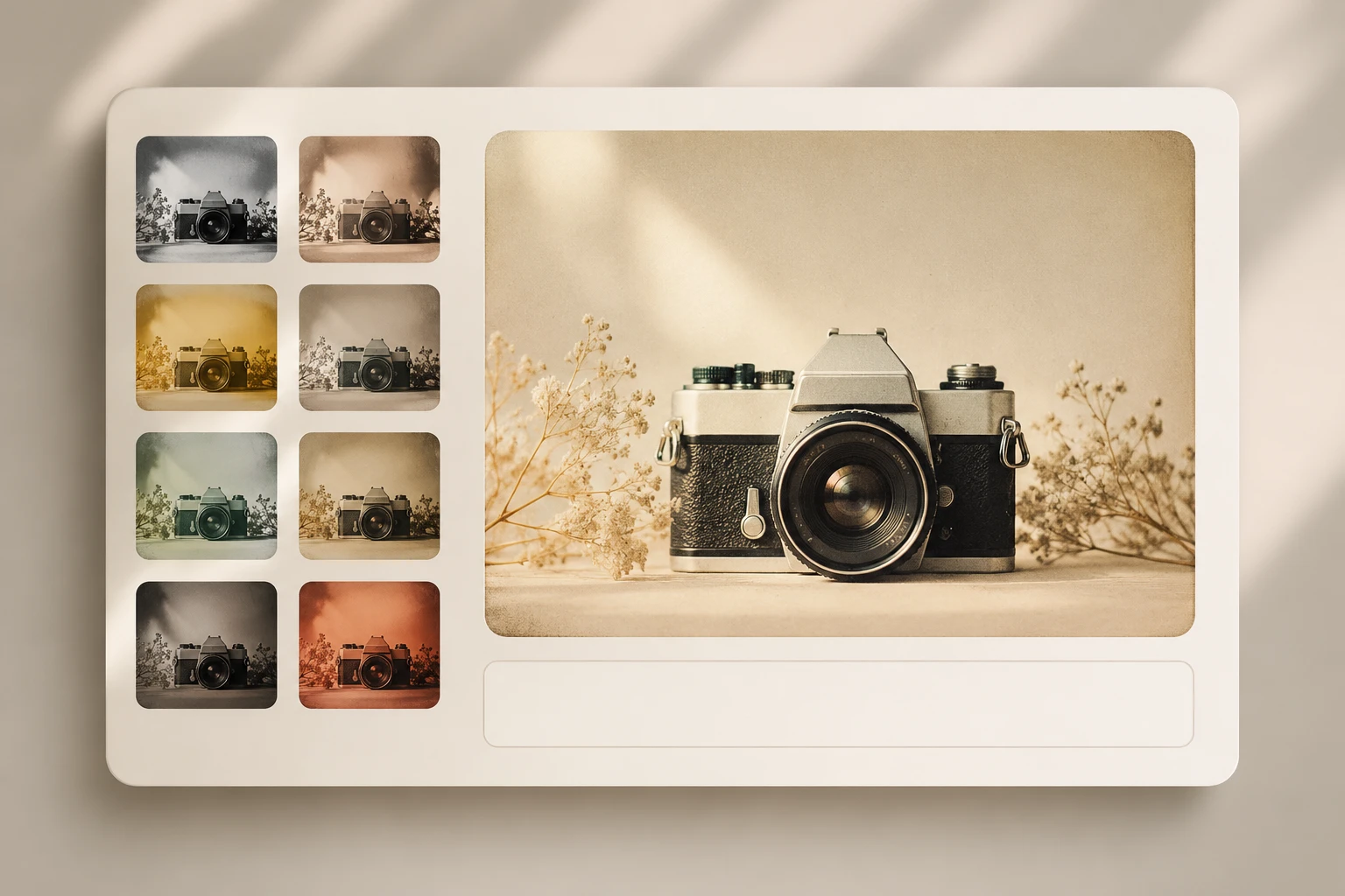 A preset gallery of retro film styles beside a prompt field describing film grain