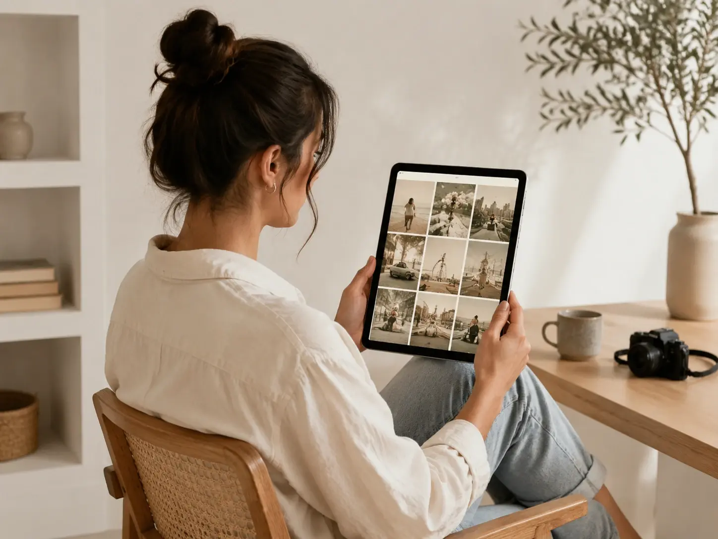 A social creator previewing a faded film look across several Instagram feed photos