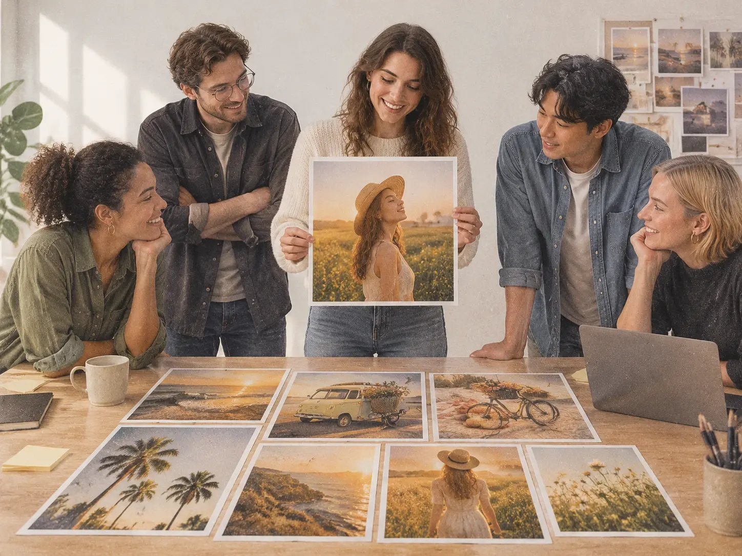 A content team reviewing a batch of campaign images sharing one retro film treatment