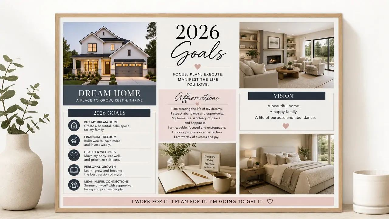 Vision board with crisp rendered text reading 2026 Goals and Dream Home