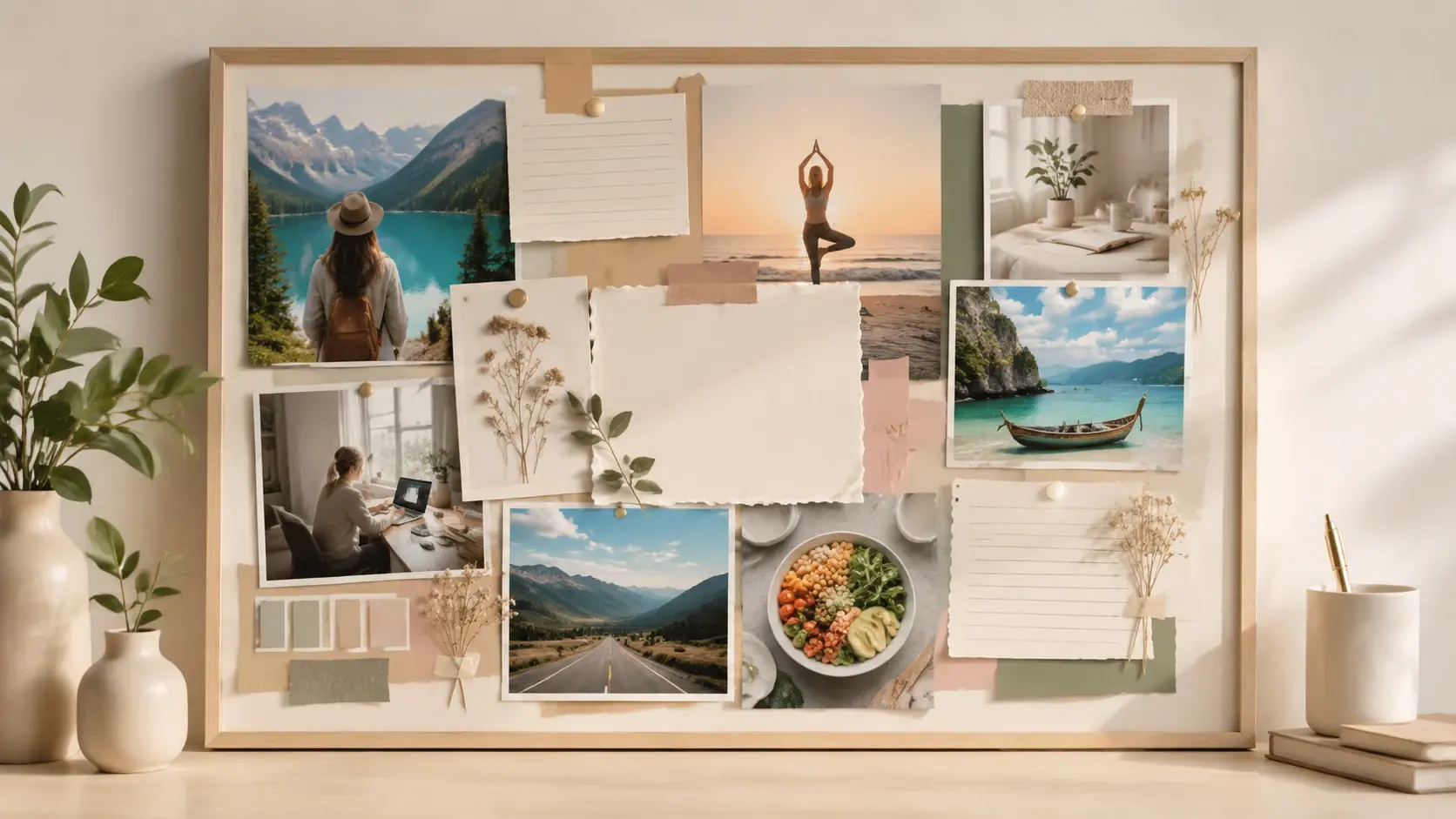 Collage style vision board showing 2026 goals, travel photos, and rendered affirmation text