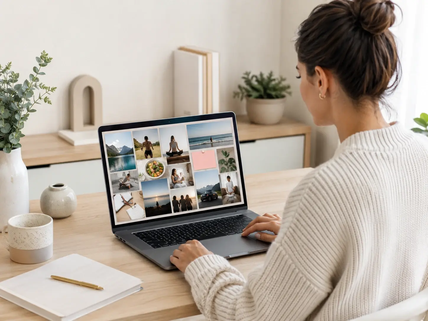 Annual planner reviewing a board full of yearly goal ideas on a laptop
