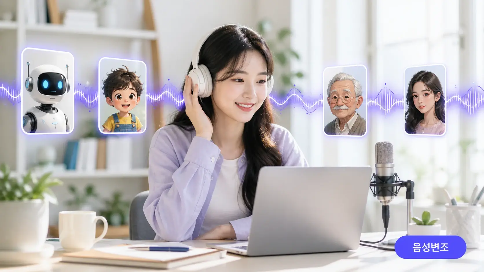 캐릭터 카드들 옆으로 파형이 이어지는 음성변조 음색 선택 장면