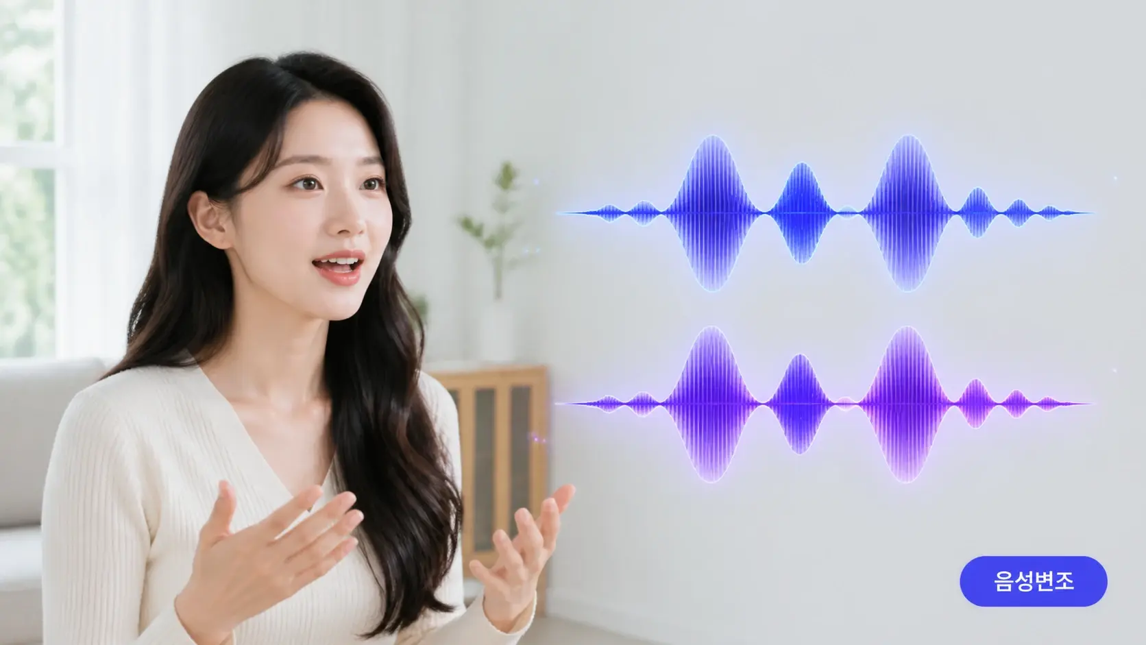 원본과 변환된 두 파형이 같은 감정 흐름을 유지하는 음성변조 비교 장면