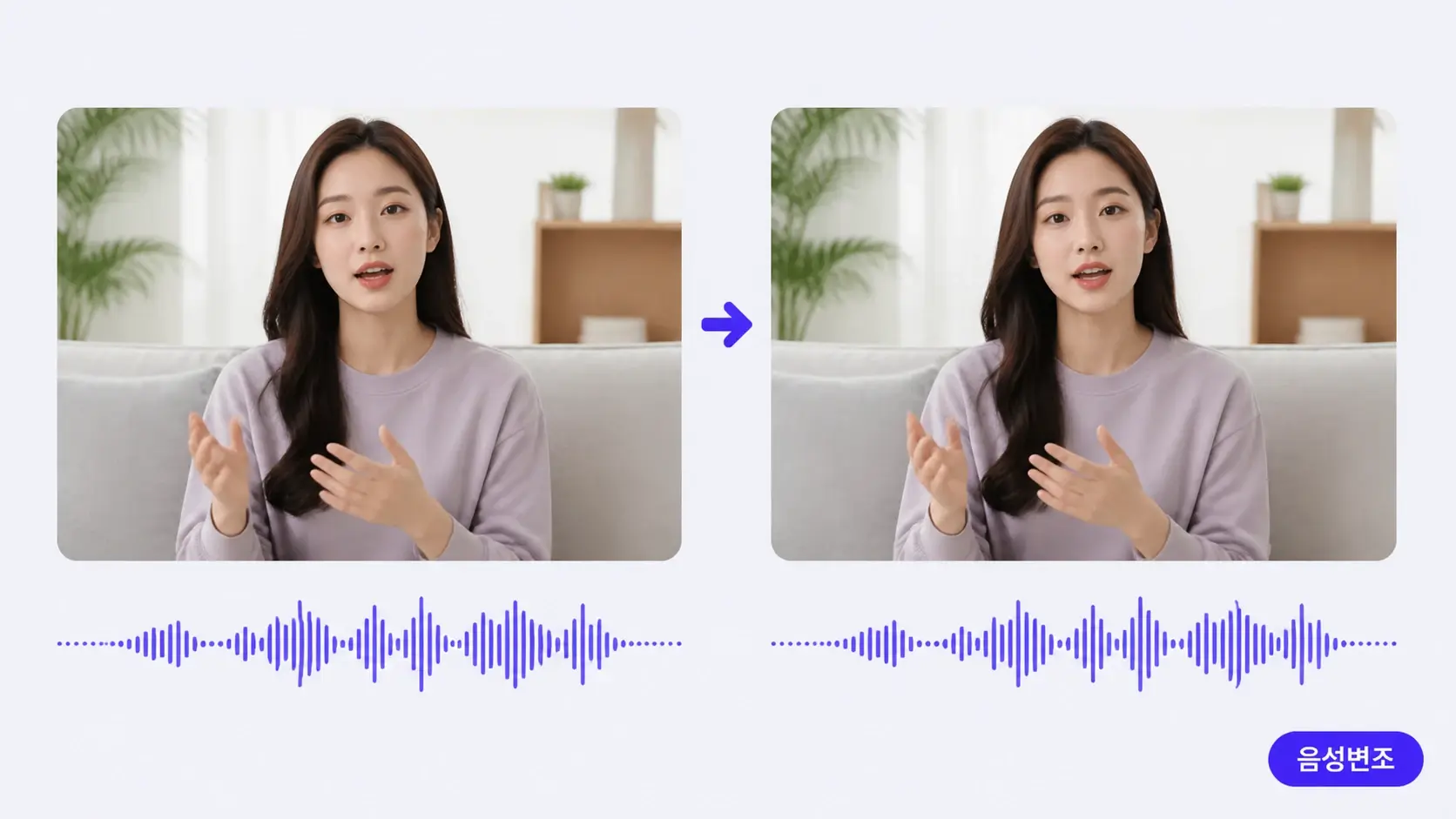 영상 장면과 나란히 놓인 파형이 같은 길이를 유지하는 음성변조 결과