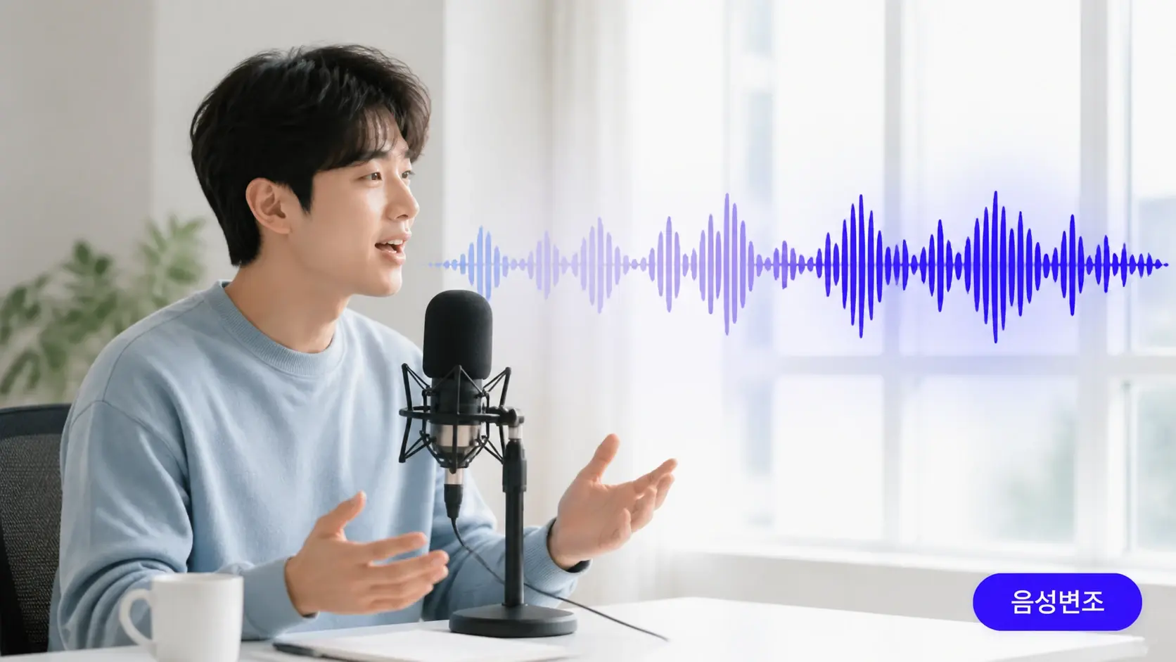 마이크 앞의 화자 옆으로 음색이 바뀐 파형이 이어지는 음성변조 장면