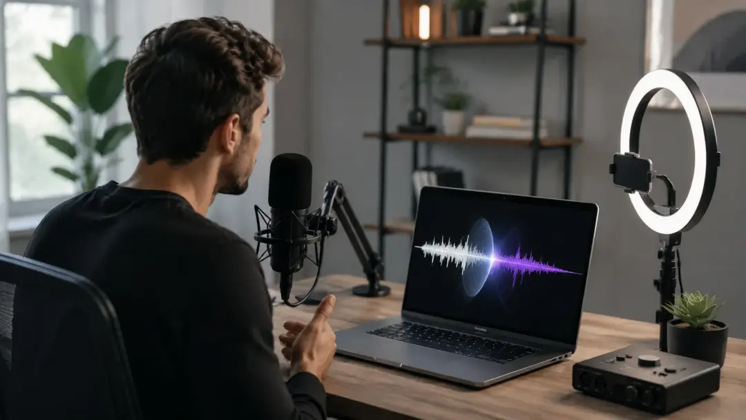 Content creator recording voice being transformed on screen