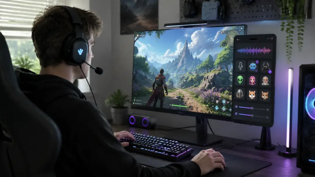 Gamer with headset using voice effects during gameplay