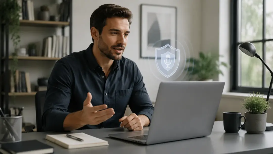 Person on video call with voice privacy protection