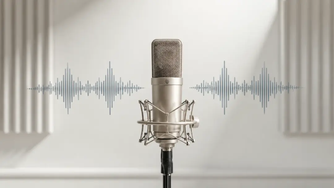 Microphone with mirrored waveforms showing original and cloned voice